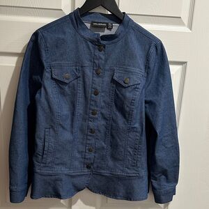 Nina Leonard Dark Blue Collarless Button-Up Jacket